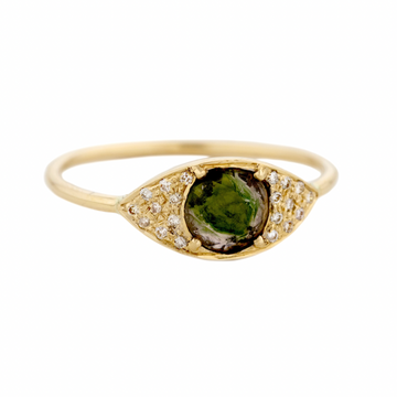 GOLD FULL EYE RING WITH ONE TOURMALINE AND DIAMONDS. THE STONE COLOR IS A GRADIENT OF PINK AND DARK GREEN.
