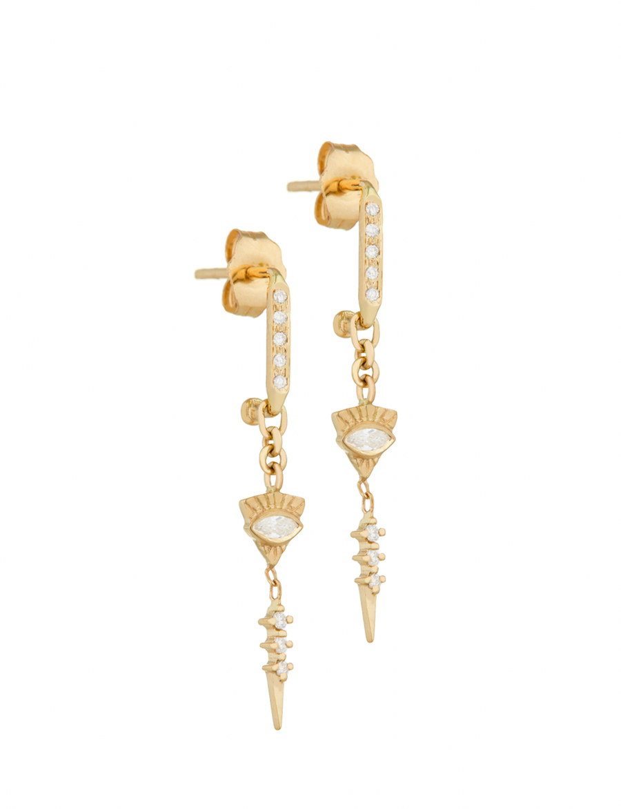 14k gold earrings with a bar of five bead set white diamonds with a triangle with a marquise White Sapphire set like an eye dangling from it, and a dangly diamond spike below that.