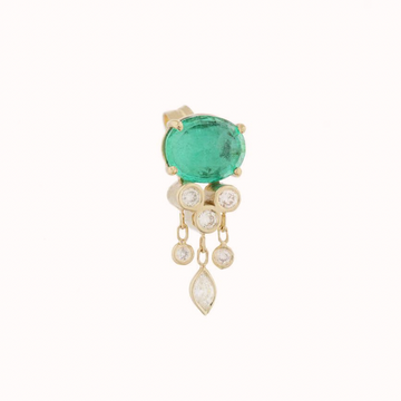 14k light yellow gold single jellyfish earring with one emerald & dangling diamonds below it.