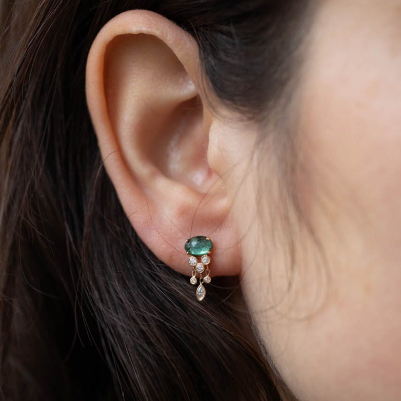 Bright Green Blue Tourmaline and Diamonds Jellyfish Earrings on model