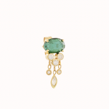 14k light yellow gold single jellyfish earring with one greenish blue oval tourmaline, three round diamonds bezel set below it, and three dangling diamonds.