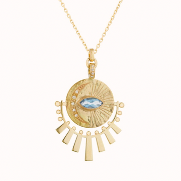 Celine Daoust 14k light yellow gold round pendant with rectangular sun beams around the bottom edge. One central marquise aquamarine stone is set in the center, with diamonds set in an engraved moon beside it.