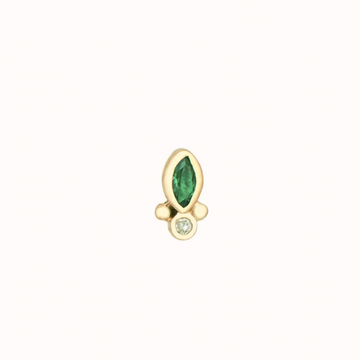 14k light yellow gold single marquise emerald stud earring and one diamond, with two gold granulation details on either side. The stone color is an intense green.