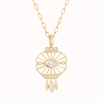 GOLD DREAM MAKER PENDANT OPEN EYE OCTAGONAL NECKLACE WITH OVAL AND MARQUISE DIAMONDS.