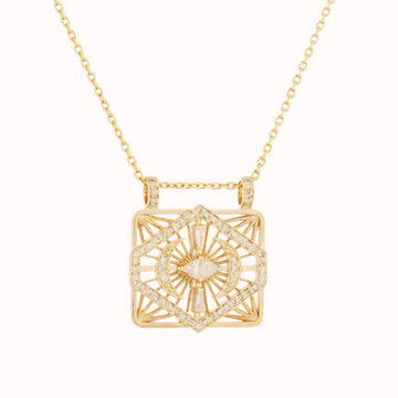GOLD DREAM MAKER LOSANGE DIAMONDS AND MOONS OPEN RECTANGLE CHAIN NECKLACE.