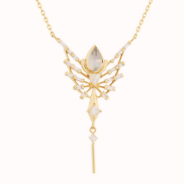 GOLD DREAM MAKER PEAR MOONSTONE AND DIAMONDS WITH DANGLING DIAMOND DETAIL PHOENIX NECKLACE.