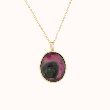 GOLD CHAIN NECKLACE WITH ONE WATERMELON TOURMALINE WITH A RING SET WITH ONE BAGUETTE DIAMOND.
