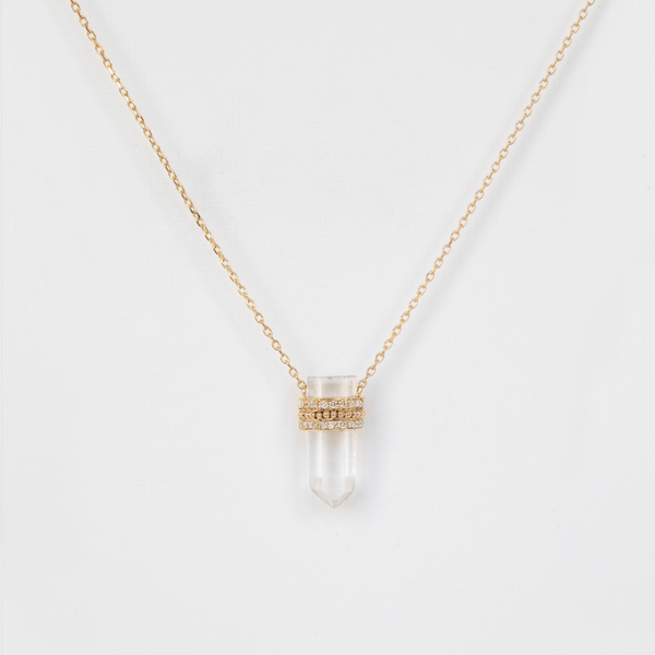 ROUGH PENCIL QUARTZ WITH DIAMOND AND GOLD BALLS CHAIN NECKLACE