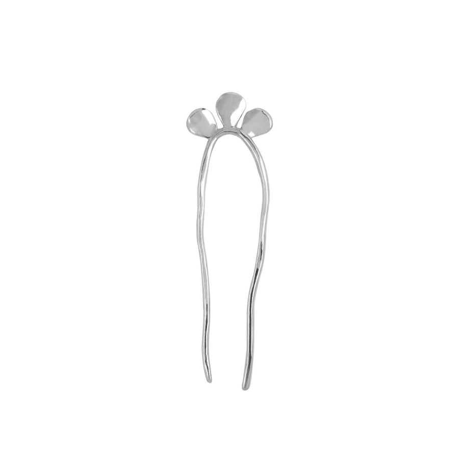 Silver hair pin 4 inches long with three little petals along the top-Marisa Mason Jewelry