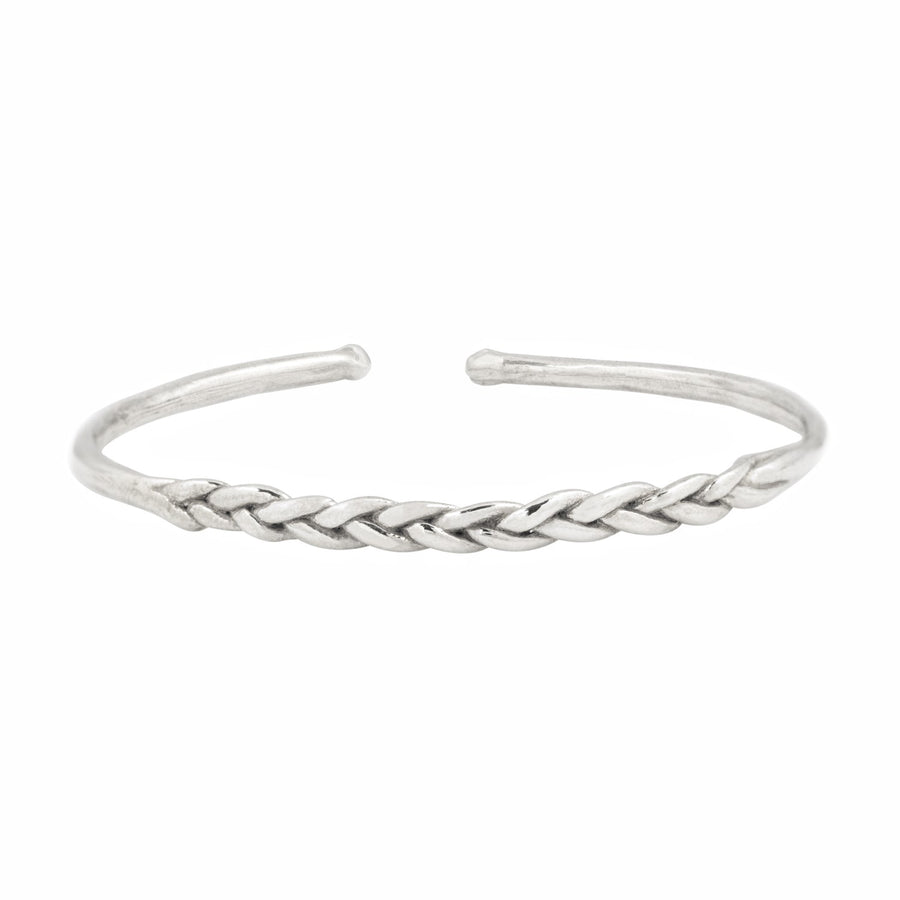 Thin silver bangle with braided texture in the center-Marisa Mason Jewelry