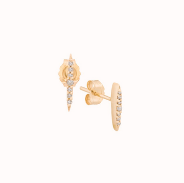 14k yellow gold elongated diamond shape stud earrings with seven pave set diamonds down the center