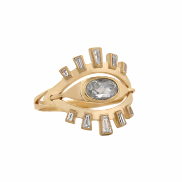 14k yellow gold eye ring with one rose cut gray diamond, and ten gray baguette diamonds set in halos above and below it