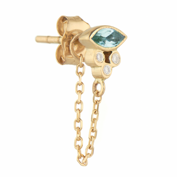 14k light yellow gold earring with green blue tourmaline marquise stone and three diamonds below it, with a single dangling chain loop.