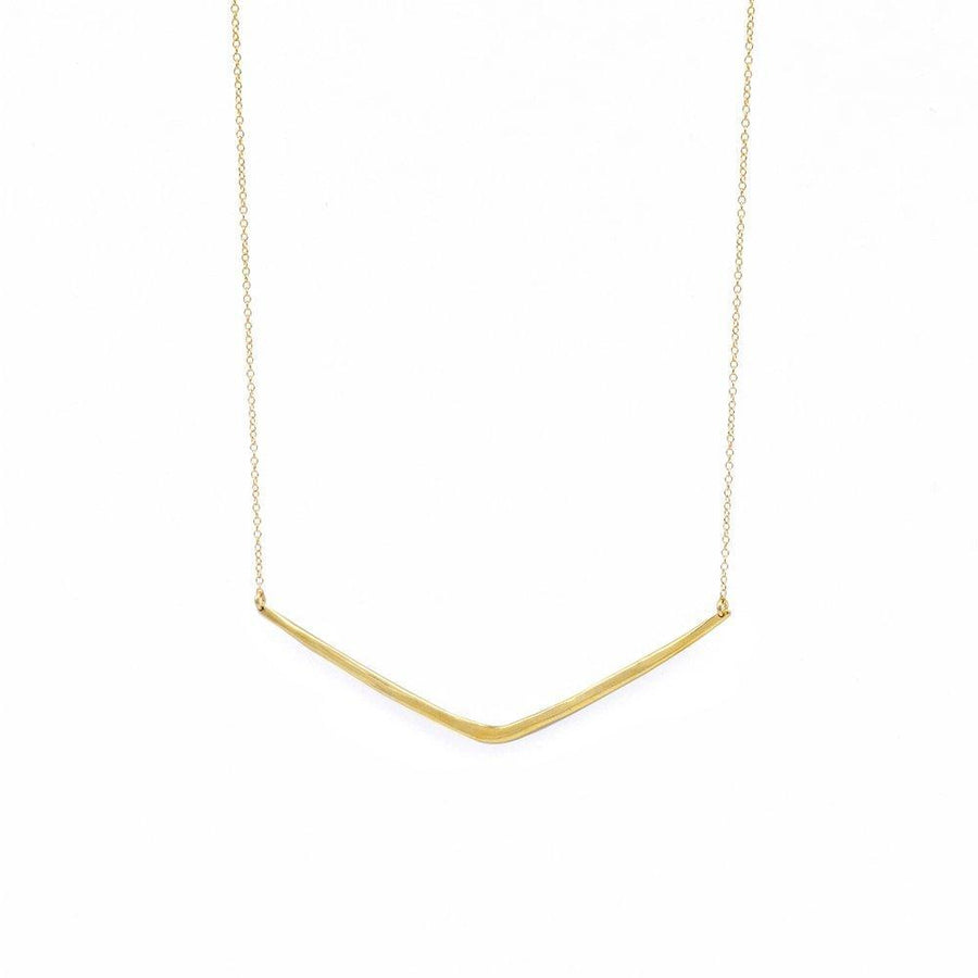 3 inch cast brass Chevron shaped pendant on thin, shimmery 18 inch chain-Marisa Mason Jewelry