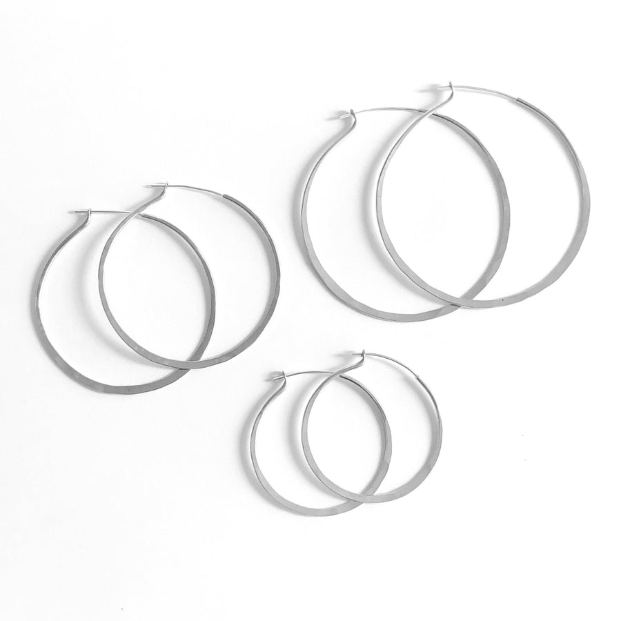 three sizes of CLASSIC hammered sterling silver hoops with sterling silver ear wire 