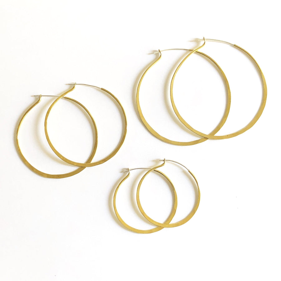three sizes of CLASSIC hammered brass hoops with sterling silver ear wire 