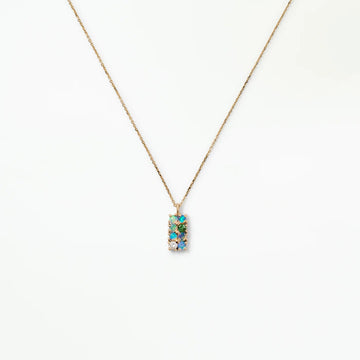 Delicate opals forming an intricate grid-like necklace with one white diamond and one tourmaline.