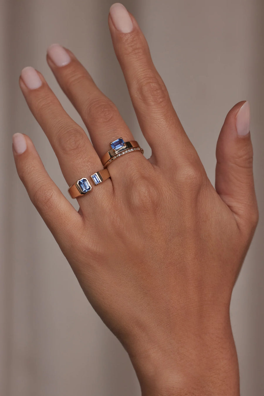 Emerald and Baguette Cut Blue Sapphire Dyad Ring