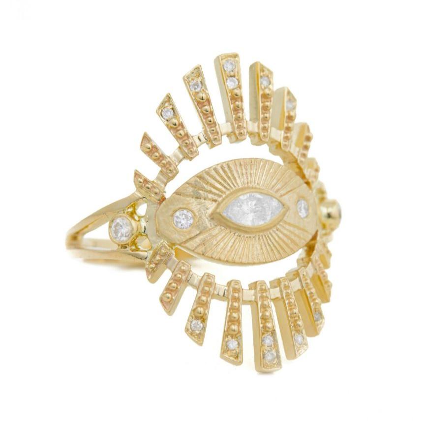 14K LIGHT YELLOW GOLD EYE RING WITH ONE CENTRAL MARQUISE DIAMOND & DIAMOND BEAMS