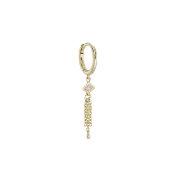 Gold hoop earring with a diamond and chain detail on a white background