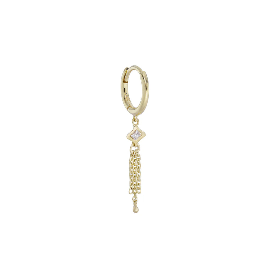Gold hoop earring with a diamond and chain detail on a white background