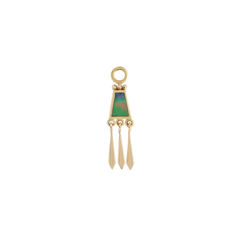 Gold pendant with a green abalone stone and three gold tassel on a white background