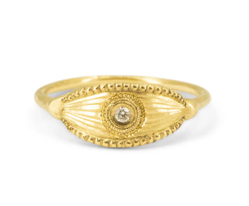 Gold ring with a diamond on a white background