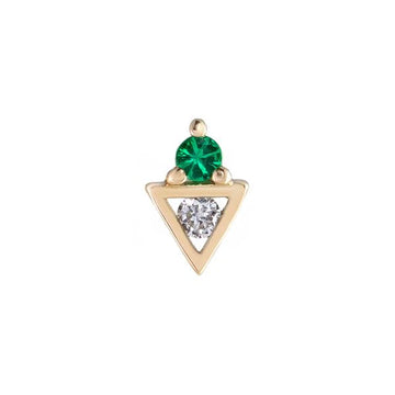 One emerald prong set on top of a 14k gold triangle with a white diamond in the center