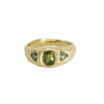 14k yellow gold chunky dome ring with carved texture, with three green/blue natural Montana sapphires, one oval in the center and two triangle on either side