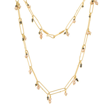 handmade paperclip chain featuring black diamond and blush colored pearl beads finished with a signature hook clasp