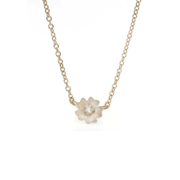 Gold flower pendant with five petals and a white dimoand in the center, on delicate gold chain. Buttercup Single Flower Necklace-OD Fine Necklaces-Marisa Mason