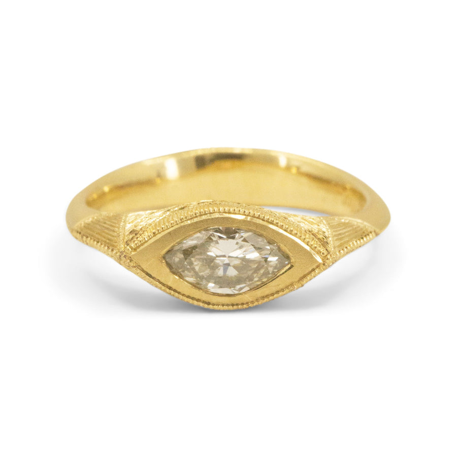 Gold ring with a diamond on a white background