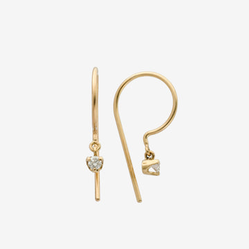 2mm white diamond set in a three prong setting, dangles from a curved gold hook