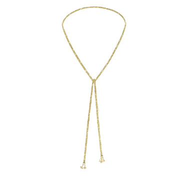 Woven ribbon necklace made of gold-finished fine 925 Sterling silver chains and adorned with golden dangling mini bells at both ends.