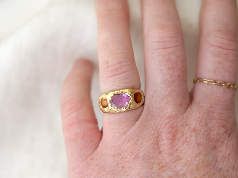 Three Stone Ring with Pink and Orange Sapphires