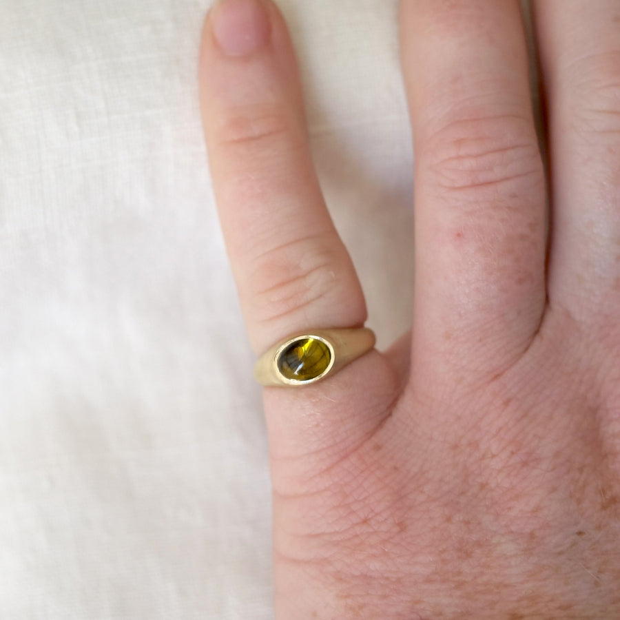 Gold ring with a yellow gemstone on a person's finger against a white background