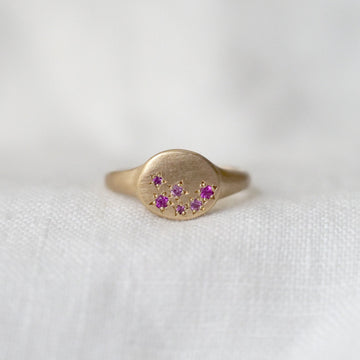 Gold signet ring with 6 star set pink sapphires on a white fabric background