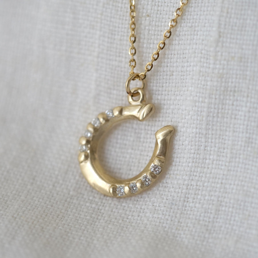 Gold horseshoe necklace with small diamonds on a light gray background