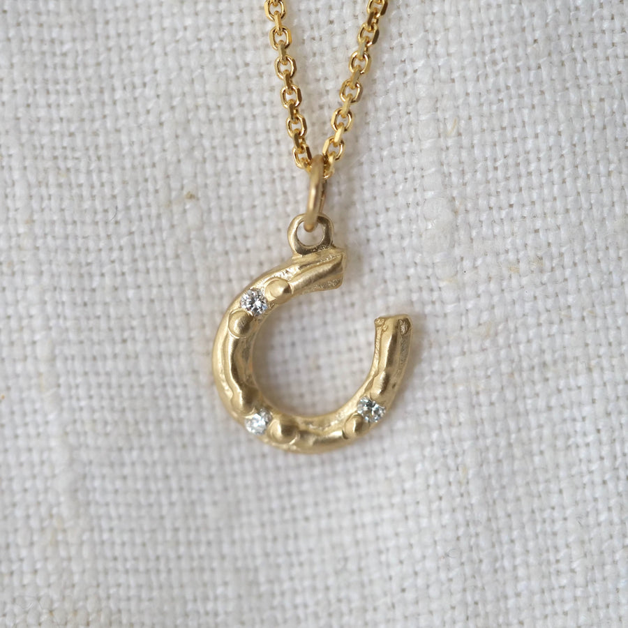 Gold horseshoe necklace with small diamonds on a light gray background