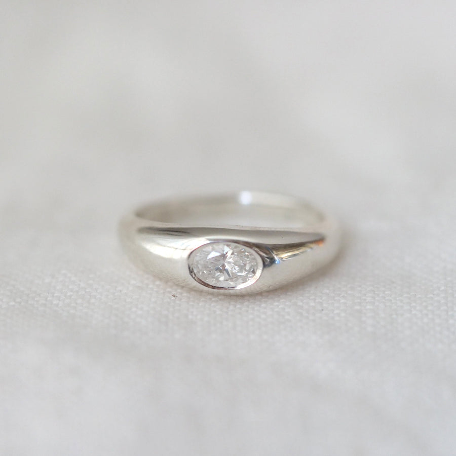 Silver ring with a diamond on a white background