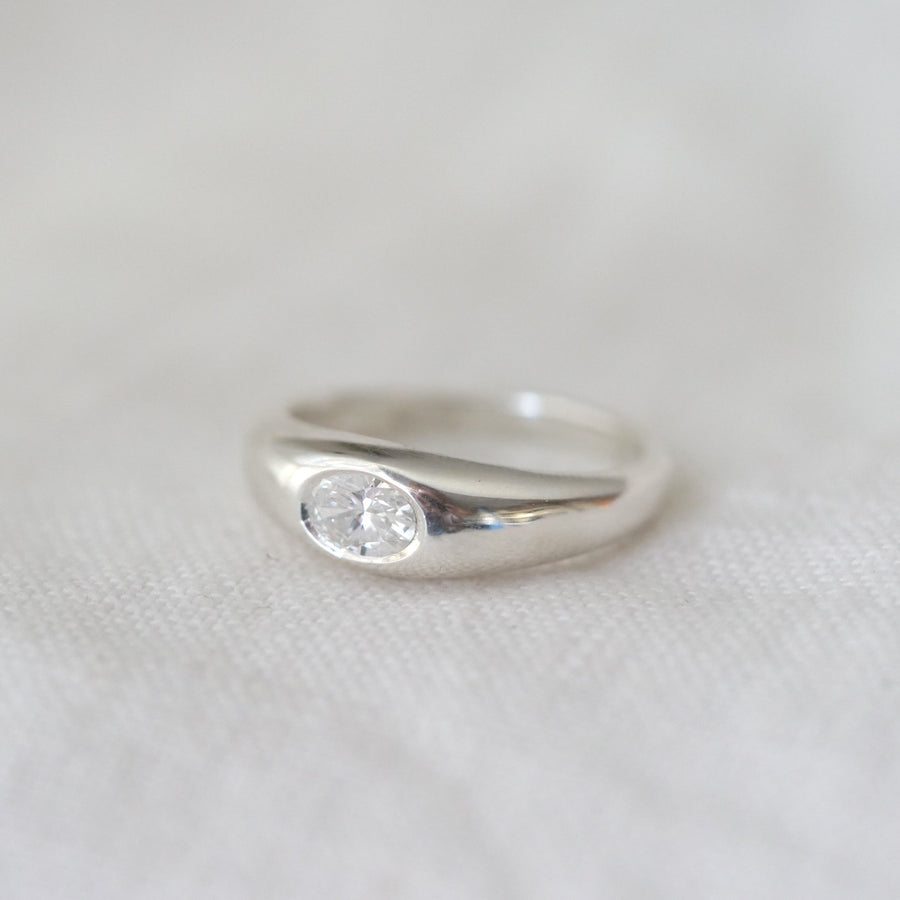 Silver ring with a small gemstone on a white fabric background