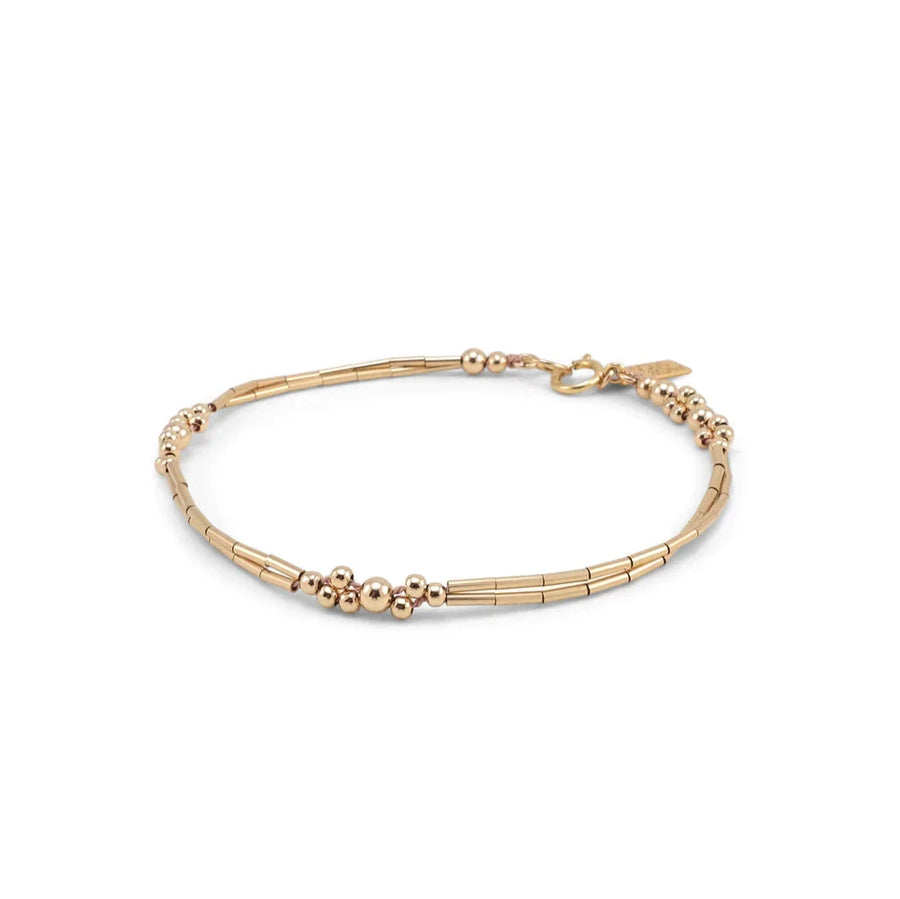 The Subra Bracelet is a double-stranded gold bracelet with link segments of Abacus Row's Signature Leo pattern.