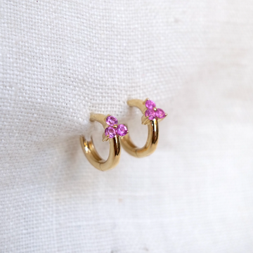 Three 2mm pink sapphires prong set on a 10mm wide 14k gold hoop. Pink Sapphire Triplets Clicker-OD Fine Earrings-Marisa Mason. 