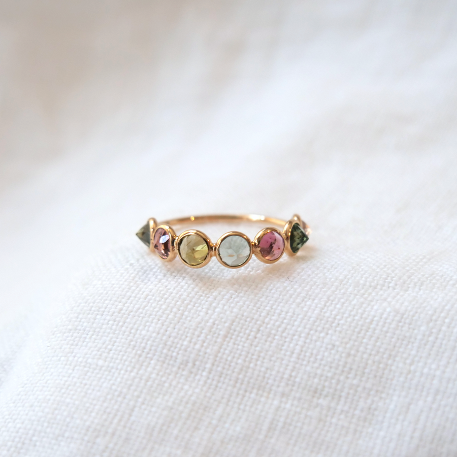 Pink and Green Tourmaline 7 stone ring