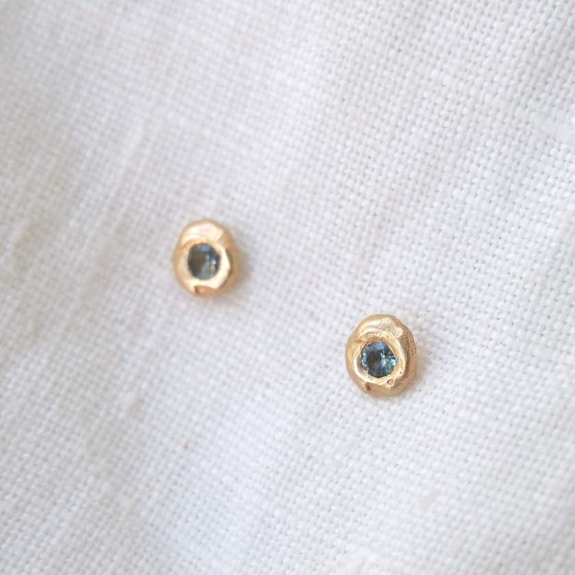 Montana sapphire flish set in 14k gold stud earrings Marisa Mason Jewelry