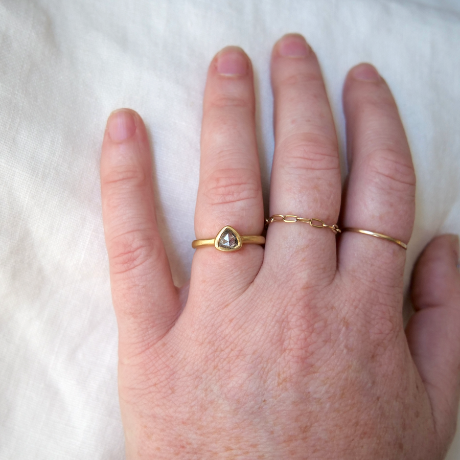 Trillion salt and pepper diamond in 18k gold bezel set ring engagement ring Marisa Mason Jewelry