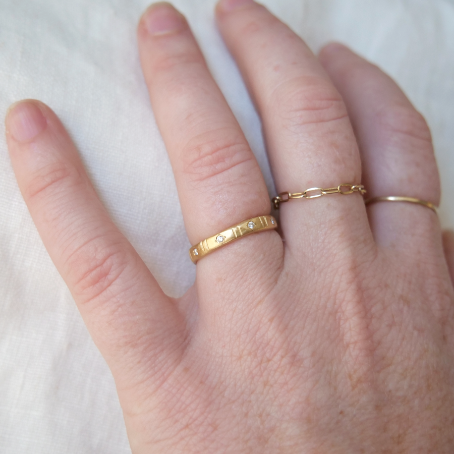 18k gold band hand engraved white diamonds Marisa Mason
