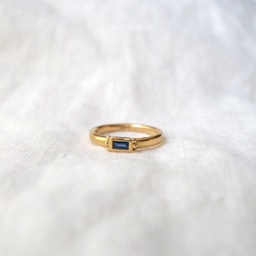 Blue Sapphire baguette cute engagement band gold granulation detail 18k band Marisa Mason Jewelry