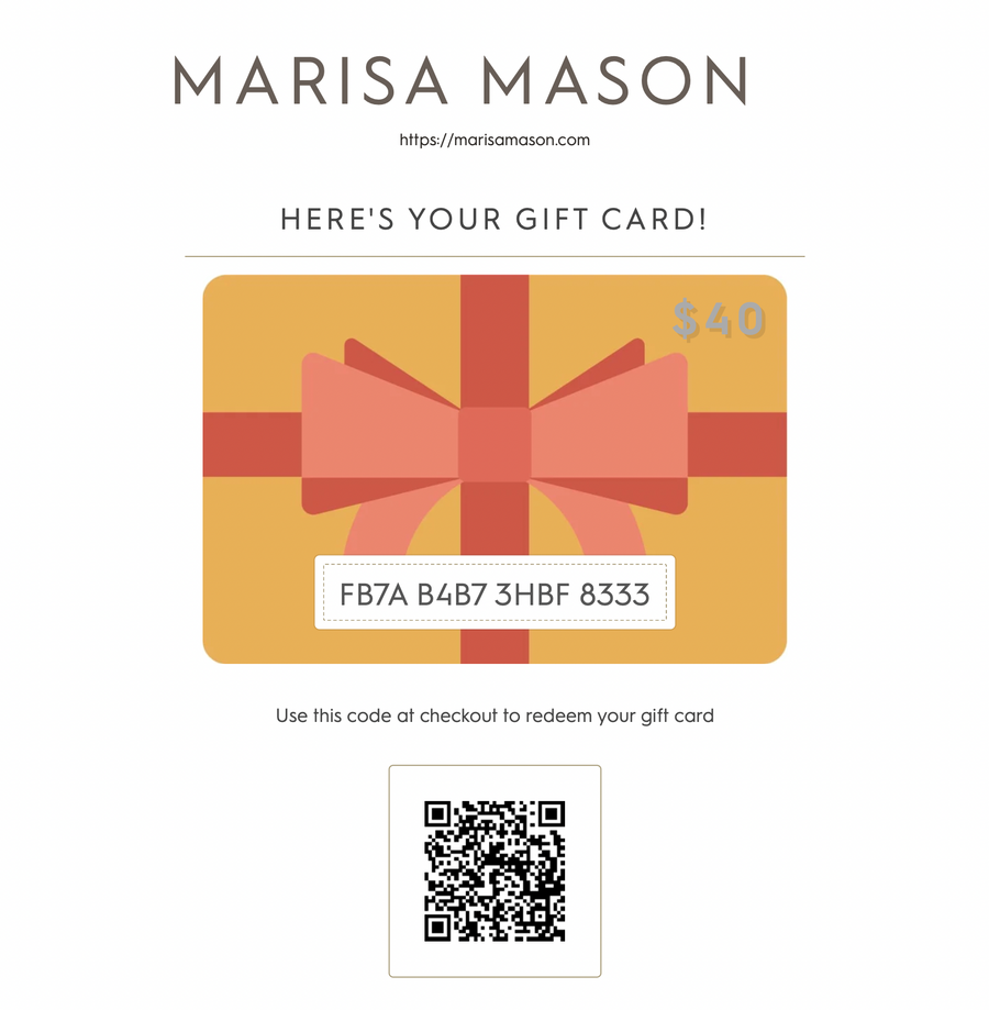 Digital gift card from Marisa Mason Jewelry worth $40 with a red bow design. Features a QR code and card code FB7A 4B47 3HBF 8333 for online redemption.