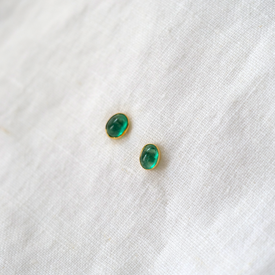 Emerald cabochons set in 18k gold studs oval green stones Marisa Mason Jewelry 